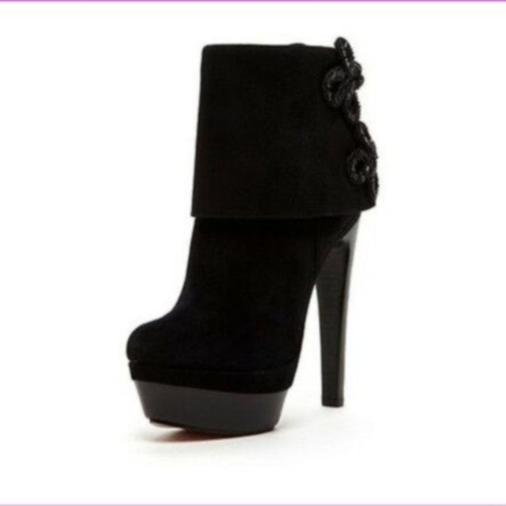 Rachel Zoe Ava (8.5) Black Kid-Suede Adorned Stiletto Platform Booties